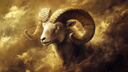 Ram with massive curled horns in golden storm clouds.