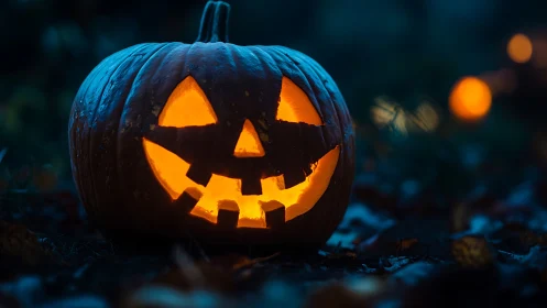 Jack-o’-lantern grins wildly through the velvet autumn dusk