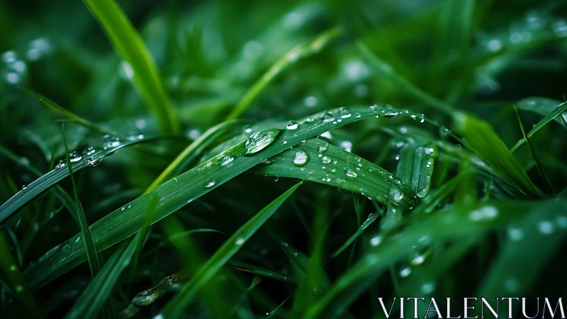 Macro dew drops resting on vivid green grass blades.
