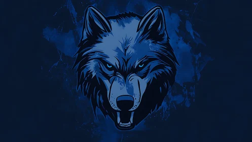 Blue stylized wolf head illustration on dark background.