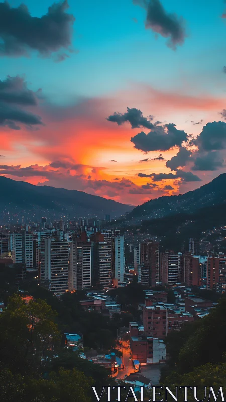 City towers lean into a volcanic sunset over quiet valleys