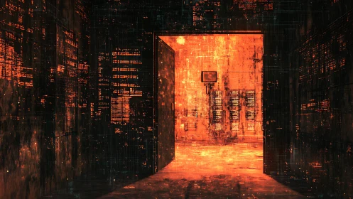 Cyberpunk data corridor with luminous gateway aperture.