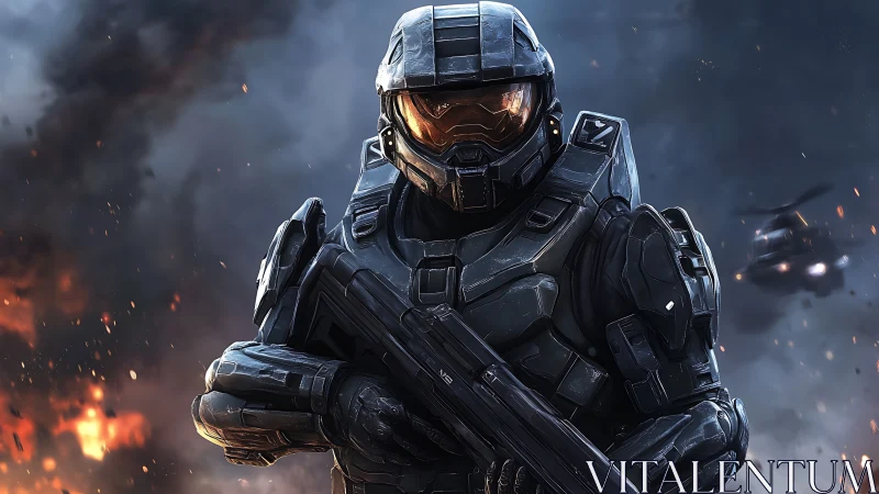 Armored sci fi infantry soldier in smoky battlefield environment