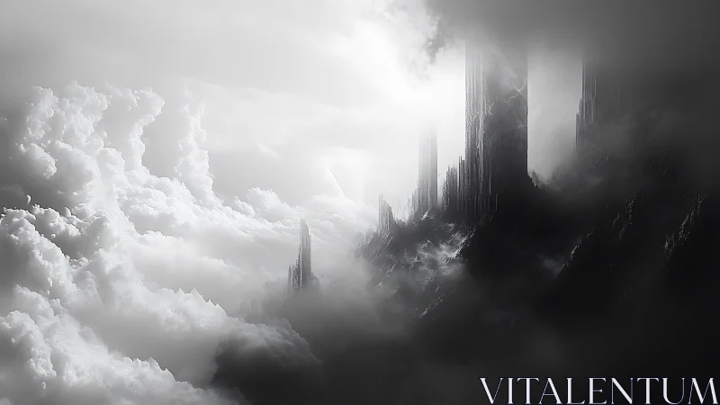 Monolithic spires rise through storm clouds toward harsh light