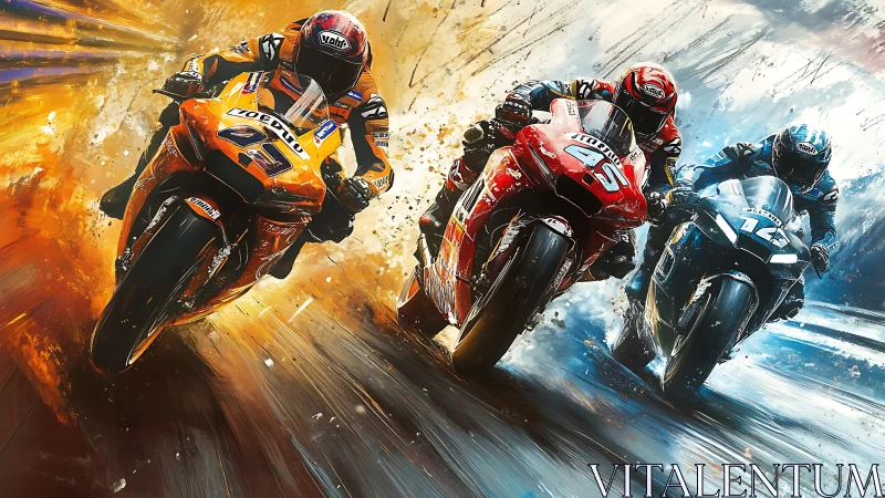 Three superbikes race through dynamic abstract motion blur
