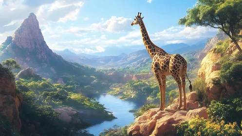 Giraffe overlooks sunlit canyon river in vast savanna vista.