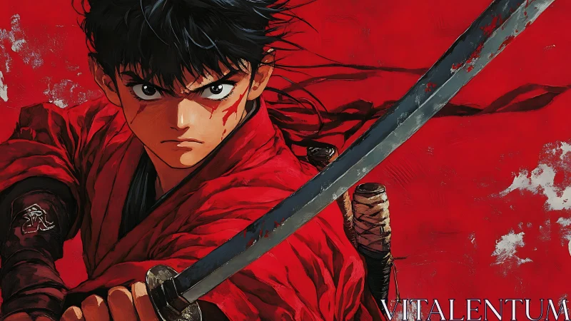 Fierce young samurai in red poised for a brave stand.