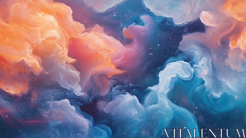 Dreamy cosmic clouds drift gently through a painted sky