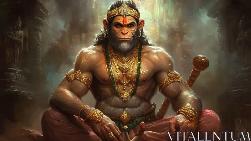 Divine monkey warrior sits in golden-lit ancient temple realm