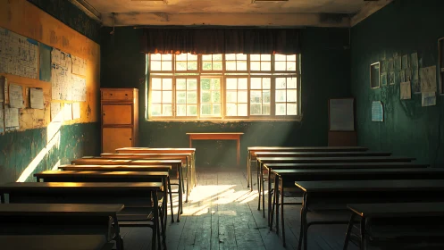 Sunlit echoes wander through an abandoned green classroom.