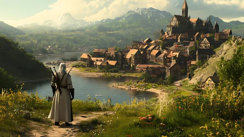 White-haired warrior overlooking sunlit medieval riverside city.