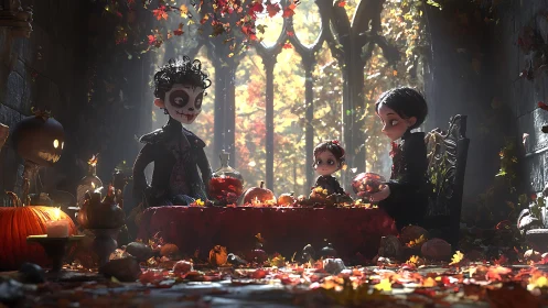 Gothic family shares autumn feast in candlelit stone hall.