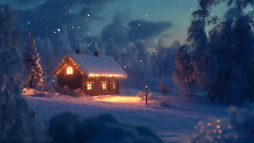 Snow-covered cabin emits warm volumetric light in twilight forest