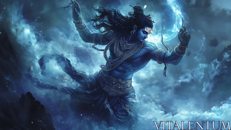 Blue-skinned divine warrior dancing in storm clouds.