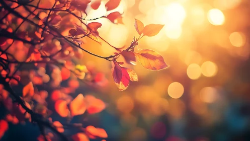 Backlit autumn leaves with warm circular bokeh background.