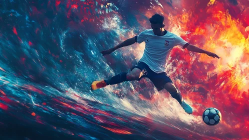 Dynamic soccer volley amid swirling fire and water storm.