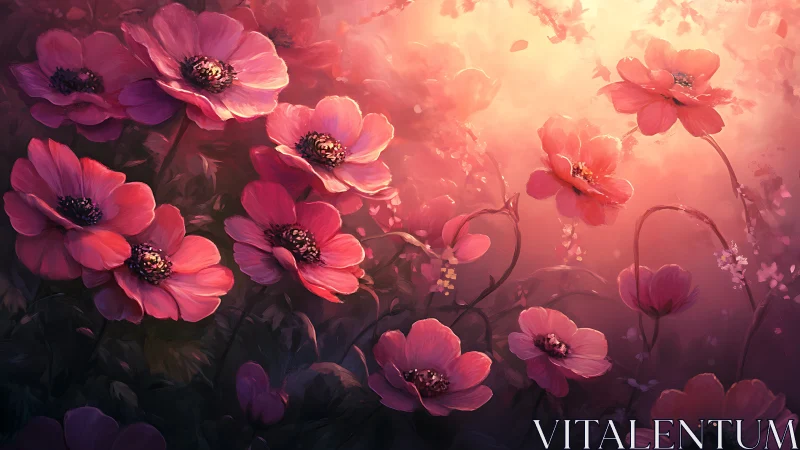 Pink Cosmos Flowers in Luminous Sunset Glow.