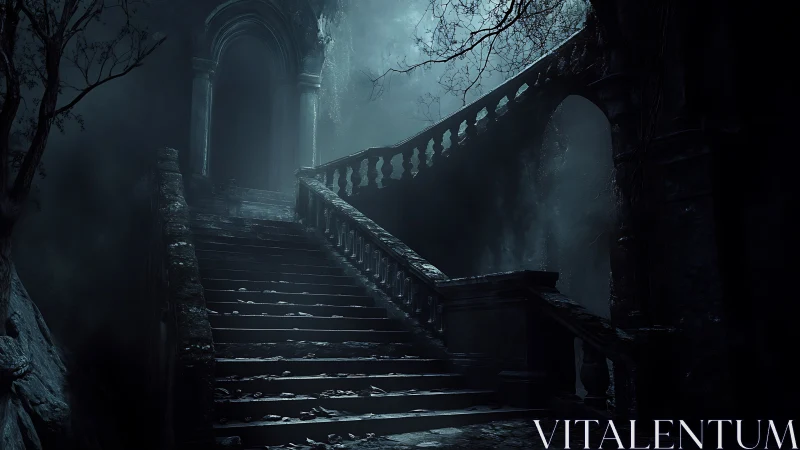 Stone staircase in dark ruins with mist and bare branches.