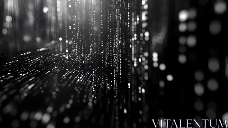 Abstract digital matrix in black and white with glowing light streaks.