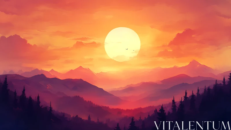 High-saturation alpine sunset with layered mountain silhouettes