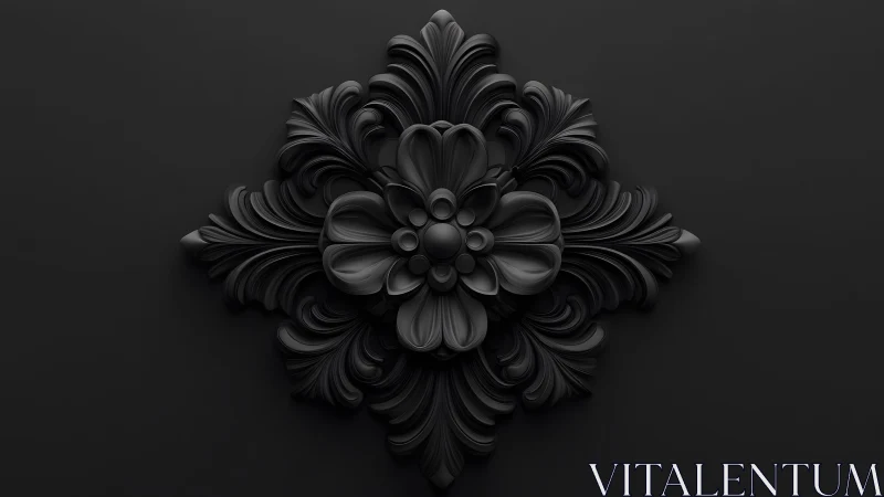 Ornate black floral relief in elegant baroque style on dark background.