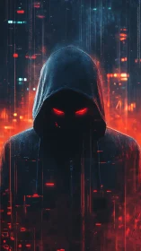 Hooded cyber specter with glowing red eyes in neon storm.