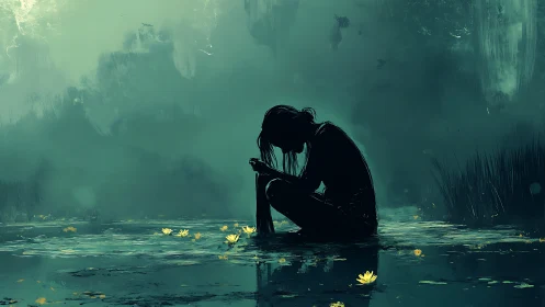 Silhouette figure seated in shallow water under muted sky.