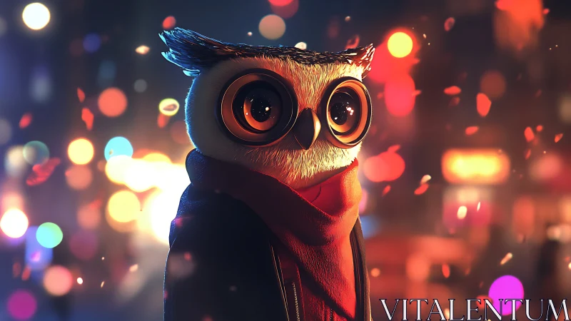 Night city wanderer owl wrapped in ember-bright scarf glow.
