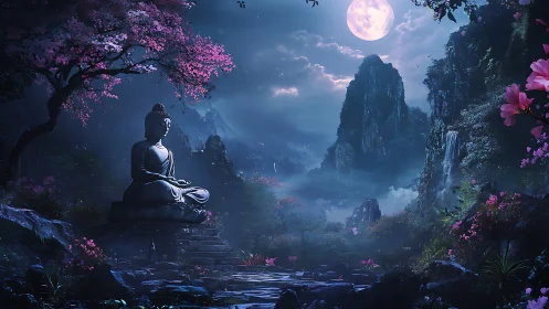 Moonlit Buddha garden under cherry blossom whispers.