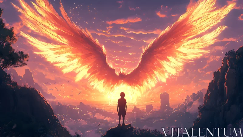 Silhouetted child with blazing angelic wings at sunrise sky.