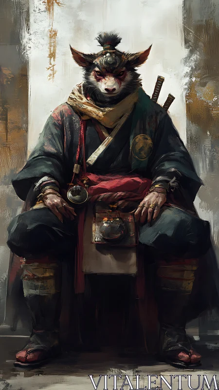 Stoic fox warrior seated in layered robes and quiet power.