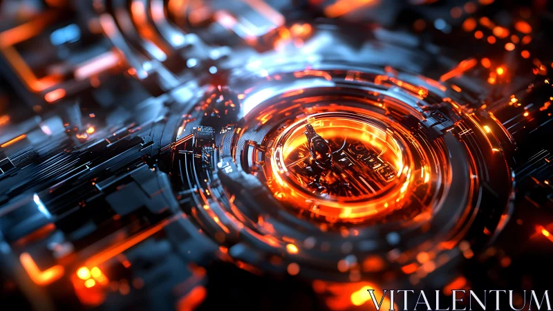 Futuristic Glowing Circuit Board in Neon Orange and Blue Style.