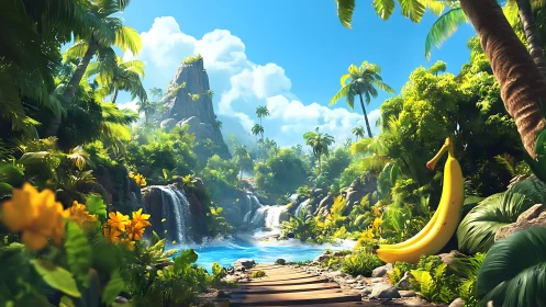 Sunlit jungle lagoon with whimsical oversized banana float.