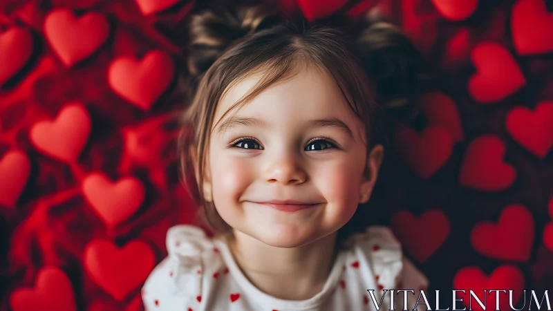 Young child smiling against red heart background.