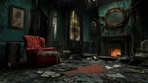 Decayed haunted parlor with red chair and fireplace.