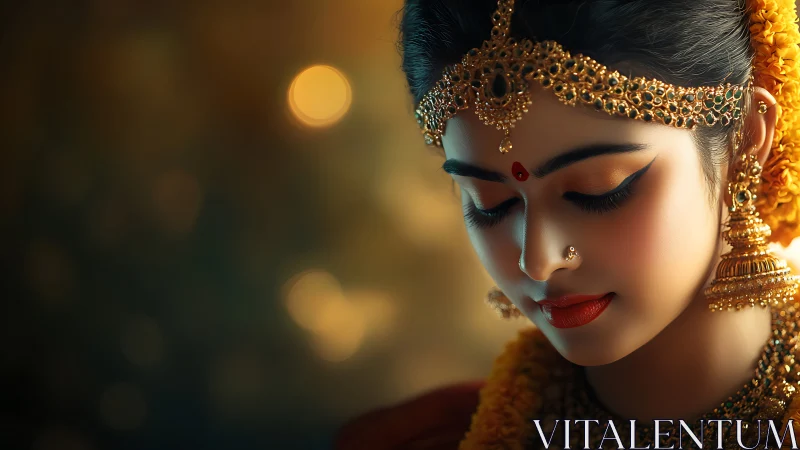 Portrait of a serene bride adorned in golden traditional jewelry.