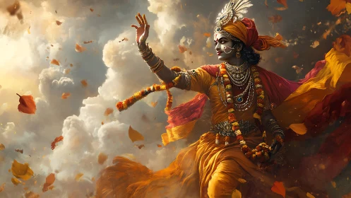 Divine dancer moves through swirling clouds and petals.