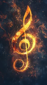 Fiery treble clef igniting cosmic dark with sparks.