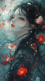 Melancholic woman amid swirling red blossoms in watercolors.