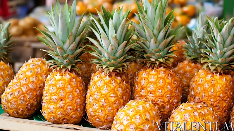 Cluster of ripe pineapples arranged on a market stall.