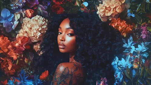 High-saturation floral portrait with glossy skin rendering and curls