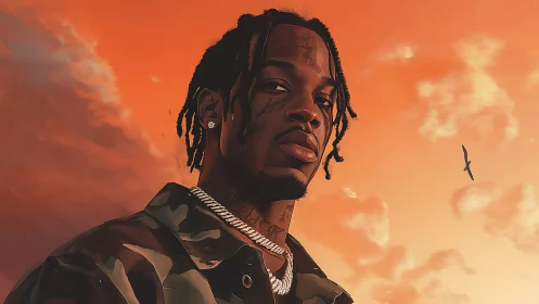 Man in camouflage jacket stares forward under orange sky