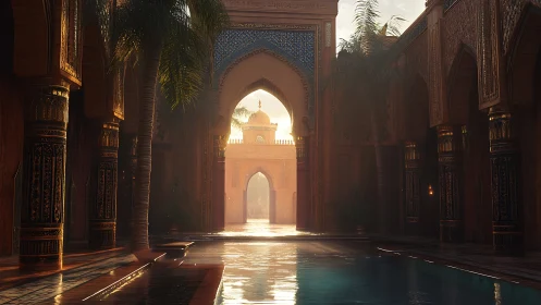 Sunlit Islamic courtyard pool with volumetric light and tiling