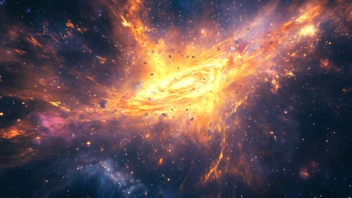 Galactic energy vortex with radiating debris in deep space.