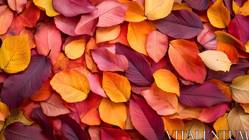 Autumn leaf confetti carpeting a forest floor in flame tones.