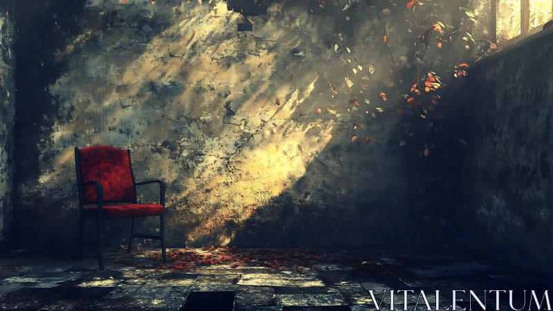 Red armchair in sunlit decayed room with creeping foliage.