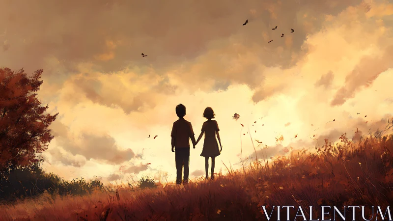 Children holding hands under warm autumn sky at dusk.