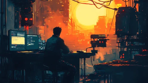 Midnight coder quietly steers a neon city toward sunrise
