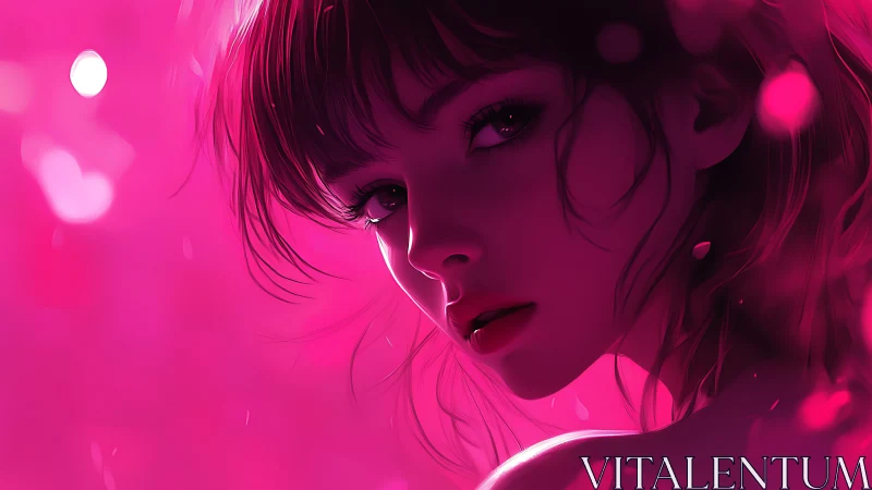 Digital painting portrait in neon magenta backlight profile study.