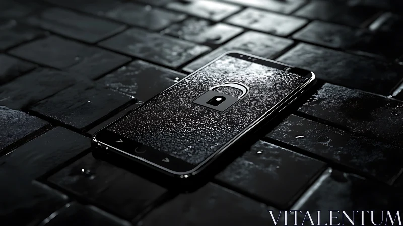 Photorealistic smartphone security lockup on wet tile surface.